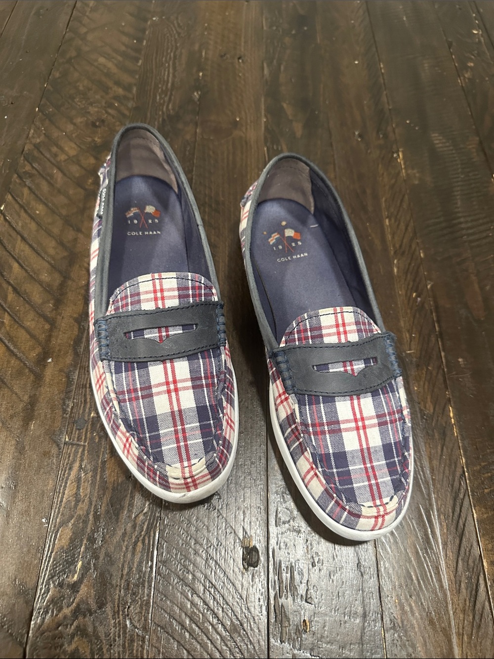 Cole Haan Plaid Slip-On Loafers in Navy, Red, and White